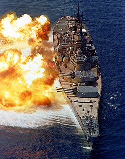 USS Iowa firing a broadside