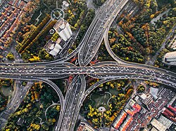 A multi-level stack interchange in Jing'an, Shanghai, China. 31°13′27.7″N 121°28′09.0″E / 31.224361°N 121.469167°E