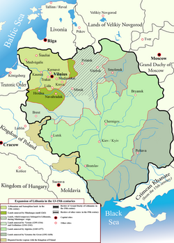 Changes in the territory of Lithuania from the 13th to 15th century. At its peak, Lithuania was the largest state in Europe.[46][47]