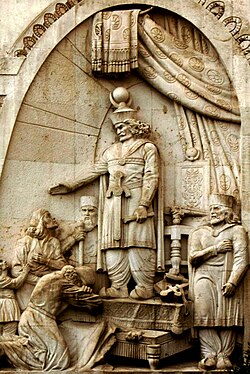 Anushiruwan the Just statue in Tehran courthouse, commissioned during the reign of the Pahlavi dynasty.