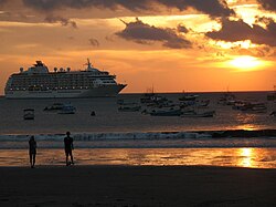 A Royal Caribbean cruise ship docked near the beach at San Juan del Sur in southern Nicaragua
