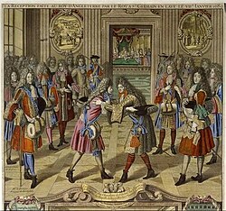 Louis XIV greeting the exiled James II in 1689 ("La Reception faite au Roy d'Angleterre par le Roy à St. Germain en Laye le VIIe janvier 1689", engraving by Nicolas Langlois, 1690)