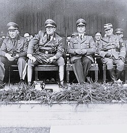 General Commissioner of Latvia Otto-Heinrich Drechsler, Reich Commissar for the Ostland Hinrich Lohse, Reich Minister for the Occupied Eastern Territories Alfred Rosenberg and SS Officer Eberhard Medem in 1942.