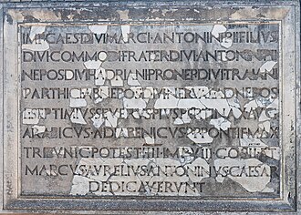 Latin inscription dedicated to Septimius Severus and Caracalla in Ostia Antica, AD 196.[e]