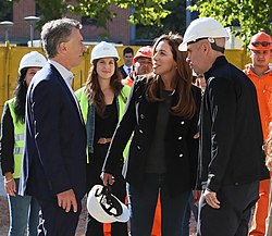 Macri inaugurating a public work with Buenos Aires Province Governor Maria Eugenia Vidal and Chief of Government of Buenos Aires Horacio Rodriguez Larreta in May 2019