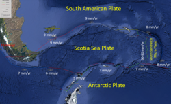 Map of plate boundaries with velocities of plate motion.