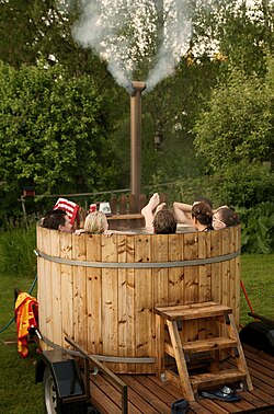 Wooden hot tub on a trailer, Finland