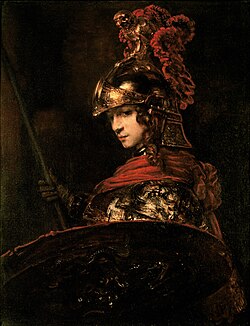 Pallas Athenas (1657) by Rembrandt, which recalls her attributes as the goddess of warfare.