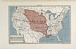 The Louisiana Purchase territory depicted without the included territory north of the 49th parallel, but with West Florida, which, as a Spanish colony, was not part of the purchase