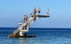 Diving platforms at a beach in Greece. 2023