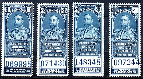 A set of Canadian electricity and gas inspection stamps from 1930