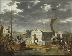 The Treaties of Tilsit: Napoleon meeting with Alexander I of Russia on a raft in the middle of the Neman River, 7 July 1807.