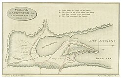 The southern basin of the Dead Sea as of 1817–18, with the Lisan Peninsula and its ford (now named Lynch Strait). North is to the right.