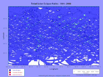 Total solar eclipse paths: 1001–2000, showing that total solar eclipses occur almost everywhere on Earth. This image was merged from 50 separate images from NASA.[36]