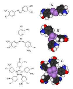 Arsphenamine, also known as salvarsan, discovered in 1907 by Paul Ehrlich