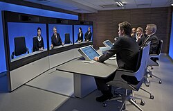 A Tandberg T3 high-resolution telepresence room in use (2008)