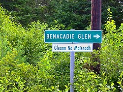 A bilingual English and Canadian Gaelic road sign in Nova Scotia. The province has attempted to support the language through the Office of Gaelic Affairs.