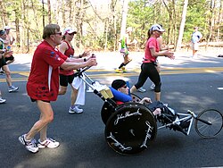 Team Hoyt at ~12.8 miles on the Marathon course on April 16, 2012