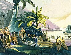 King Kamehameha receiving the Russian naval expedition of Otto von Kotzebue. Drawing by Louis Choris in 1816.