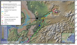 Map of the Futagawa-Hinagu fault zone, showing the location of the July 28 mainshock and the largest aftershock. The foreshock and mainshock of the April 2016 sequence are also shown