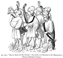 "How to shout and blow horns."—Facsimile of a miniature in a manuscript of the hunting manual of Gaston Phoebus (15th century)
