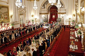 A state banquet held in the Ballroom in 2011, when Queen Elizabeth II hosted President Barack Obama