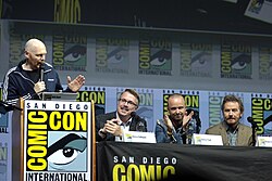 Burr with Breaking Bad's Vince Gilligan, Aaron Paul and Bryan Cranston at ComicCon in 2018.