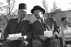 Amin-Salim Jarjora (left), Mayor of Nazareth, with Israeli prime minister Moshe Sharett, 1955