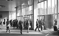 The foyer of the Kino Kosmos (Cosmos Cinema) in Karl Marx Alley, Berlin in 1962