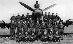 Pilots of No. 263 Squadron pose in front of their Typhoon. Pilot Officer Thyagarajan, an Indian pilot is seated on the engine cowling