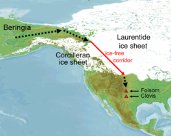 A map showing the approximate location of the ice-free corridor and Paleo-Indian settlements during the era of Clovis culture