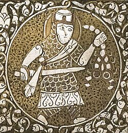 Detail of inlaid brass writing box, showing soldier wearing a mail hauberk. Mosul, 1230–1250 CE, British Museum.[67][68]