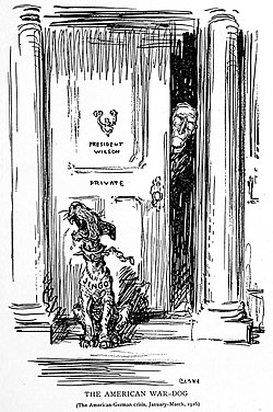 A cartoon of Wilson and "Jingo", the American war dog, ridiculing jingoes baying for war