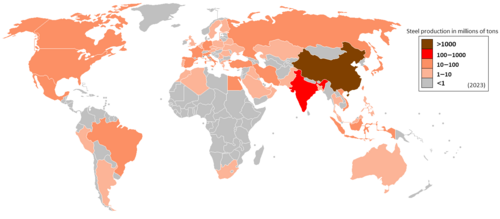 Steel production (in million tons) by country as of 2023