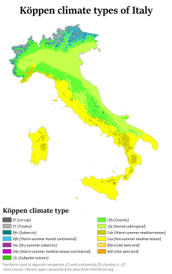 Köppen-Geiger climate classification map of Italy[123]