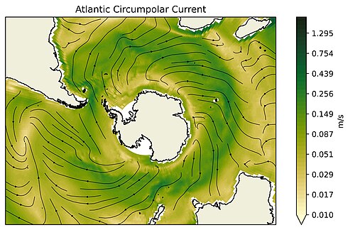 The plot shows a yearly average (2020) of the surface current strength (from GODAS dataset), together with streamlines. Following the streamlines, it is easy to see that the current is not closed in itself but interacts with the other ocean basins (connecting them). The Drake Passage plays a major role in this mechanism.
