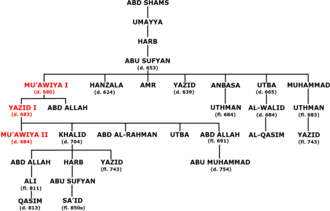 Genealogical tree of the Sufyanids. The names in red indicate caliphs.