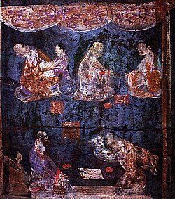 A mural from an Eastern Han tomb at Zhucun (朱村), Luoyang; the two figures in the foreground are playing liubo, with the playing mat between them, and the liubo game board to the side of the mat.