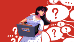 A survivor holds a box labeled evidence, with files and stacks of paper, glaring to the side where many question marks fill the red background.