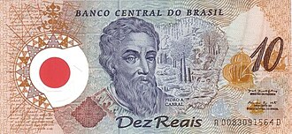 Cabral on the 10 Brazilian real polymer banknote issued in 2000, commemorating the 500th Anniversary of the discovery of Brazil