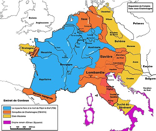 Expansion of the Frankish Empire:Blue = realm of Pepin the Short in 758;Orange = expansion under Charlemagne until 814;Yellow = Marches and dependencies;Red = Papal States