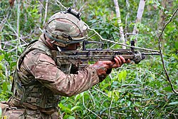 A British Royal Marine training in the jungle of Belize in 2017
