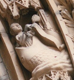 Depiction of Jonah and the "great fish" on the south doorway of the Gothic-era Dom St. Peter, in Worms, Germany