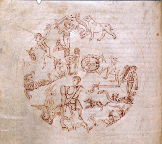 Depiction of the southern hemisphere constellations in an 11th-century French manuscript (from the Limoges area, probably in the milieu of Adémar de Chabannes, fl. 1020–1034)