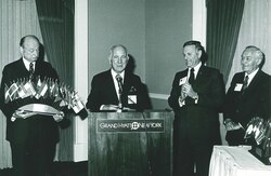 ETC President Timothy O' Driscoll presents flags to mayor of New York Edward Koch, 1979