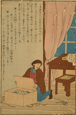 A woodcut in Ukiyo-e style depicting a man with moustache and sideburns kneeling and opening a trunk. He watches a rat running away.
