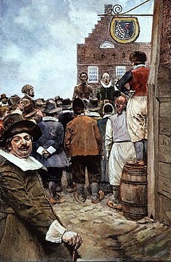 The first slave auction at New Amsterdam in 1655; illustration from 1895 by Howard Pyle[27]