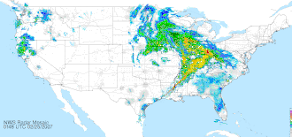 A 24 February 2007 radar image of a large extratropical cyclonic storm system at its peak over the central United States.