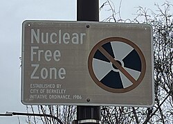 Existing sign (2024) in Berkeley, California declaring itself a Nuclear Free Zone.
