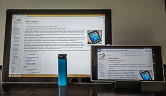 Crossover tablet device types from 2014: Microsoft Surface Pro 3 laplet and Sony Xperia Z Ultra phablet, next to a generic blue lighter for size comparison